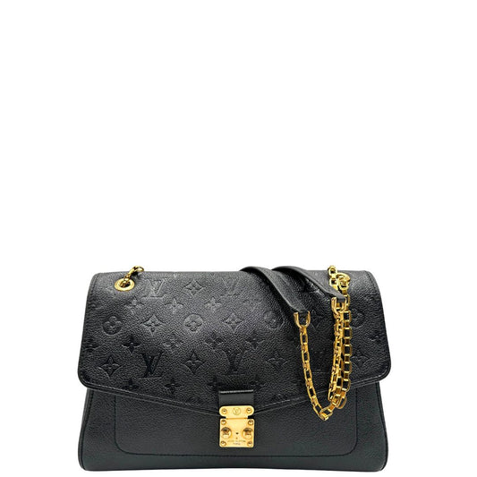 front Borsa Louis Vuitton in pelle nera monogram Empreinte con parti metalliche dorate; munita di una tracolla scorrevole in catena con spallaccio in pelle, di lusso, originale, ottime condizioni.