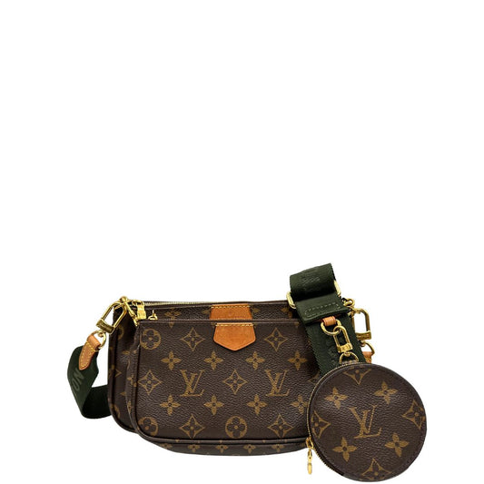 front Iconica Multi Pochette Accessoires Louis Vuitton in canvas marrone monogram con dettagli in vacchetta naturale, manico in catena dorata e tracolla in tessuto Jacquard verde kaki. Dotata del classico mini portamonete rotondo, rimovibile, di lusso, originale, ottime condizioni.