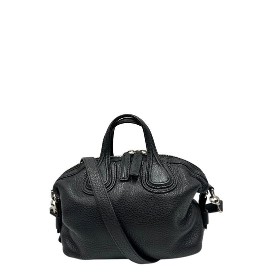 front Borsa Nightingale Givenchy in pelle nera con parti metalliche argentate; munita di doppi manici e una tracolla amovibile e regolabile, di lusso, originale, ottime condizioni, usata.