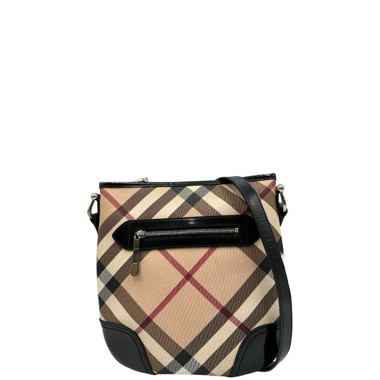 front Borsa Burberry in canvas trama tartan con finiture in pelle nera verniciata e parti metalliche argentate; munita di una tracolla regolabile, di lusso, originale, ottime condizioni.
