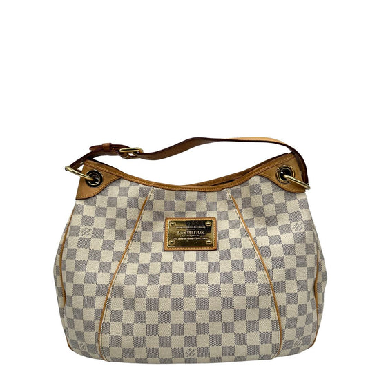 front Borsa Louis Vuitton in canvas Damier Azur con parti metalliche dorate e finiture in vacchetta naturale; munita di un manico singolo leggermente regolabile, di lusso, originale, ottime condizioni, usata.