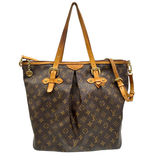 Front di una Borsa Palermo GM Louis Vuitton in canvas marrone monogram con finiture in vacchetta naturale e parti metalliche dorate. Originale, usato, di lusso, in ottime condizioni.