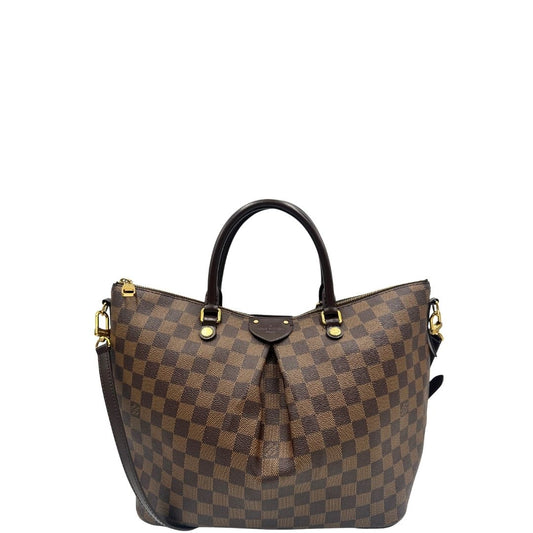 front Borsa Louis Vuitton in canvas marrone Damier Ébène con finiture in pelle tono su tono e parti metalliche dorate; munita di doppi manici e una tracolla amovibile e regolabile. Completa di dustbag, di lusso, originale, ottime condizioni.