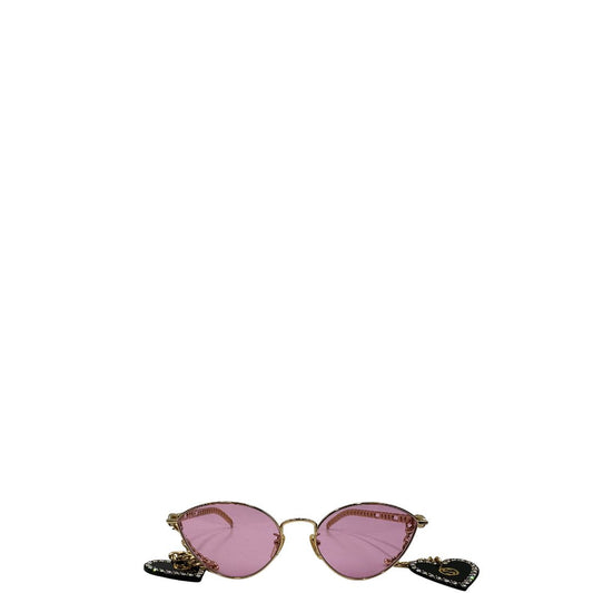 front Occhiali da sole Gucci in metallo dorato e lenti rosa, muniti di due pendenti con cuore amovibili. Completi di sacchetto antipolvere, di lusso, originale, ottime condizioni.
