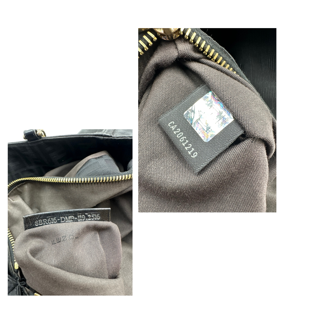 Borsa Fendi in tessuto nero FF con manici in catena e pelle lucida tono su tono. Parti metalliche dorate. Completa di dustbag. Originale, usata, di lusso, in ottime condizioni.