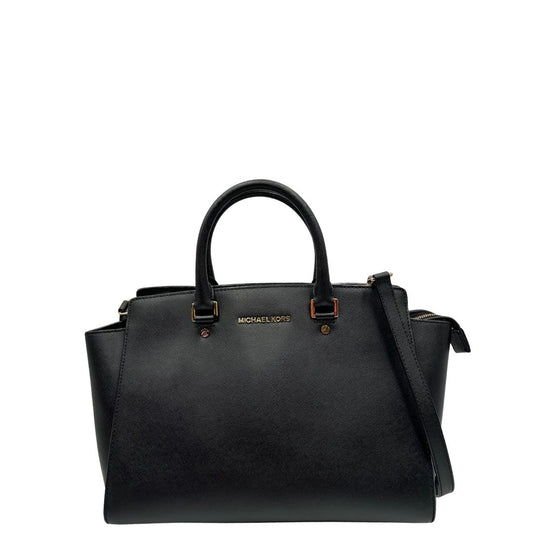 front Borsa Michael Kors in pelle saffiano nera con parti metalliche dorate; munita di doppi manici stondati e una tracolla amovibile e regolabile, di lusso, originale, ottime condizioni.