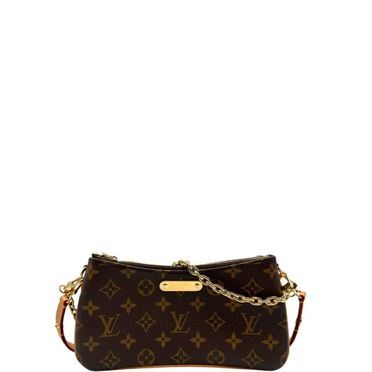 front Borsa Louis Vuitton in canvas marrone monogram con finiture in vacchetta naturale e parti metalliche dorate; munita di un manico singolo in catena amovibile e un manico allungabile e amovibile, indossabile a spalla e a tracolla. Full set, di lusso, originale, ottime condizioni, usata.