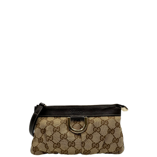 front Pochette Gucci in tessuto Gucci in tessuto GG beige con finiture in pelle marroni e parti metalliche dorate; munita di un polsino, da portare a mano. Completa di corredo, di lusso, originale, ottime condizioni.