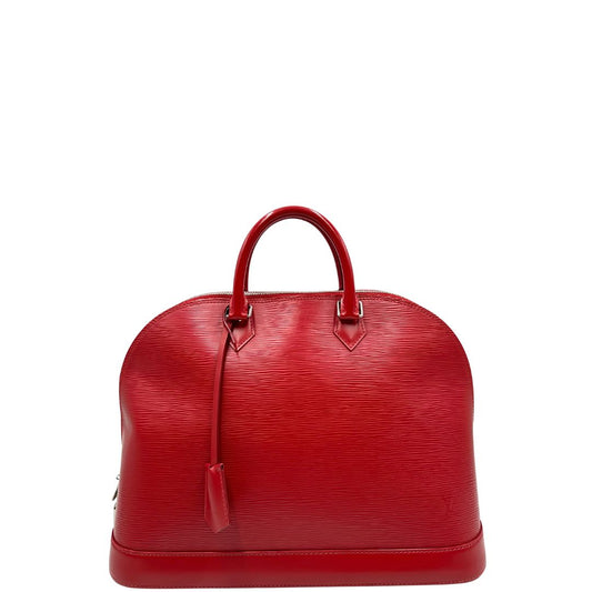 front Borsa Alma GM Louis Vuitton in pelle Epi rossa con parti metalliche argentate, munita di due manici stondati. Completa di lucchetto e chiavi, di lusso, usata, originale.