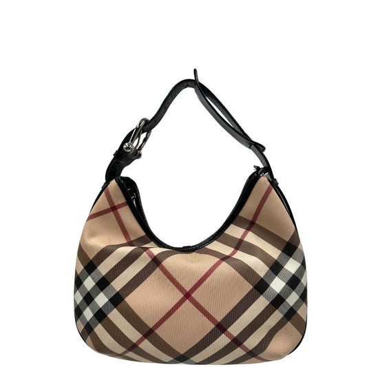 front Borsa Burberry in canvas beige tartan con finiture in pelle nera lucida e parti metalliche effetto argentate. Munita di un manico singolo. Completa di dustbag, di lusso, originale, usata.