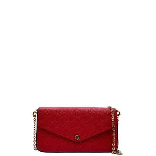 front Borsa Louis Vuitton Félicie in pelle rossa con parti metalliche dorate; munita di una tracolla in catena amovibile e accessori portacarte e portamonete estraibili. Completa di scatola e busta, di lusso, originale, ottime condizioni.