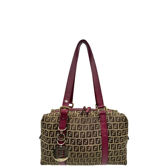 front Borsa Fendi in tessuto color tabacco trama Zucchino con finiture in pelle color amaranto e parti metalliche dorate; munita di doppi manici, da portare a spalla, di lusso, buone condizioni, originale.