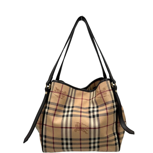 front Borsa Burberry in canvas trama tartan sui toni del beige con finiture in pelle nere e parti metalliche dorate; munita di doppi manici, indossabile a spalla. Munita di pochette estraibile. Completa di dustbag, di lusso, originale, ottime condizioni, usata.