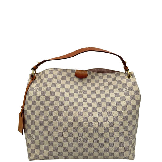 front Borsa Louis Vuitton in canvas damier azur con finiture in vacchetta naturale e parti metalliche dorate; munita di un manico singolo, indossabile a spalla, di lusso, originale, ottime condizioni, usata.