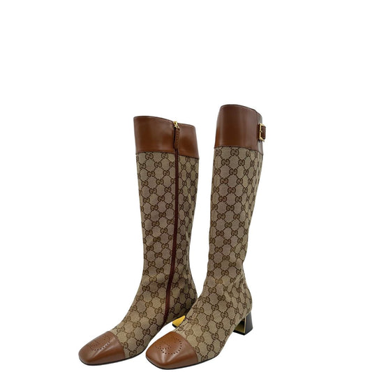 front Scarpe Gucci in tessuto beige GG con finiture in pelle marroni e dettagli metallici dorati. Complete di corredo, di lusso, originale, ottime condizioni, usate