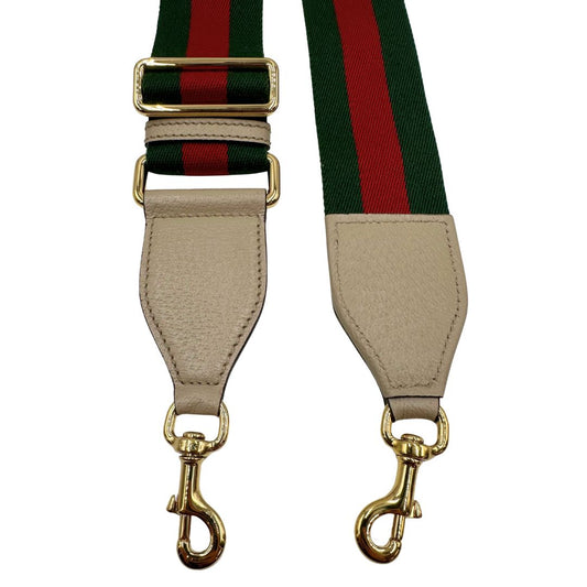 Tracolla Gucci in tessuto con iconica striscia web rossa e verde, rifinita con parti in pelle bianco avorio e parti metalliche dorate, di lusso, originale, eccellenti condizioni, usata