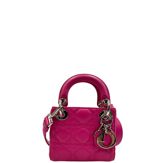 front Borsa Lady Dior in pelle fucsia trama cannage. Doppi manici rigidi e una tracolla amovibile, con parti metalliche argentate, di lusso, originale, ottime condizioni.
