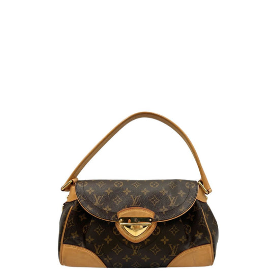 front Borsa Beverly LV in canvas marrone monogram, finiture in vacchetta naturale e metalleria dorata. Indossabile a spalla oppure a mano, di lusso, originale, ottime condizioni, usata.