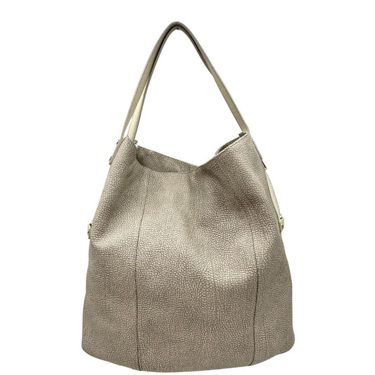 front Borsa Borbonese in canvas grigio trama occhio di pernice e parti metalliche dorate; munita di doppi manici, indossabile a spalla. Completa di dustbag, di lusso, originale, ottime condizioni, usata.