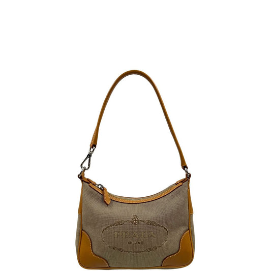 front Borsa Prada in tessuto color corda con finiture in pelle marroni e parti metalliche argentate; munita di un manico singolo, di lusso, originale, ottime condizioni.