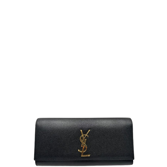 fronbt Pochette Saint Laurent in pelle nera con parti metalliche dorate; da portare a mano. Full set, di lusso, originale, ottime condizioni, usata.