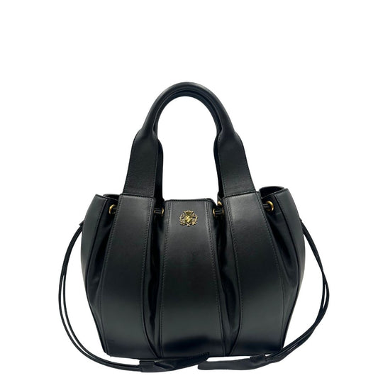 front Borsa Domenico Vacca in pelle nera con parti metalliche dorate; munita di doppi manici e una tracolla, di lusso, originale, ottime condizioni.