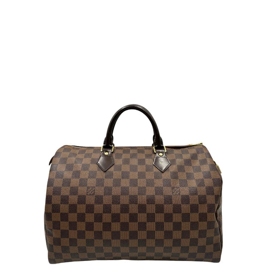 Front, Louis Vuitton Speedy in tela Damier Ébène marrone e hardware dorato. Originale, usato, di lusso, in buone condizioni.