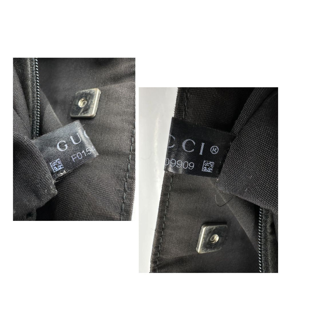 Borsa Gucci in tessuto nero trama GG, con parti metalliche argentate, indossabile a mano o a spalla. Originale, usata, di lusso, in ottime condizioni.