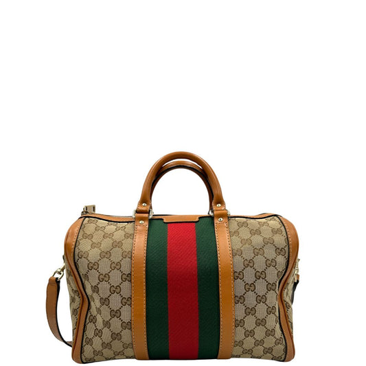 front Bauletto Gucci Boston trama GG, impreziosito da striscia Web verde e rossa, di lusso, originale, ottime condizioni, usata.