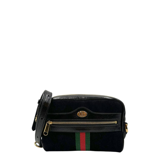 front Borsa Gucci in pelle verniciata nera e pelle scamosciata tono su tono, impreziosita da striscia Web verde e rossa, di lusso, originale, ottime condizioni, usata.