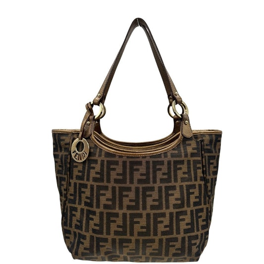 front Shopper Fendi in tessuto trama Zucca e finiture in pelle color bronzo, di lusso, originale, ottime condizioni, usata.