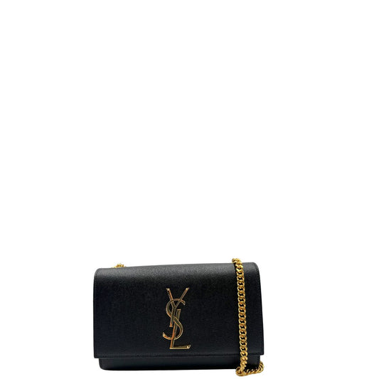 Front, Borsa Kate di Saint Laurent in pelle nera con hardware dorato, indossabile a tracolla oppure a spalla. Originale, usata, di lusso, in ottime condizioni.