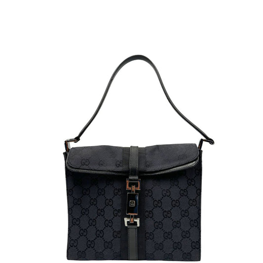 front Borsa Gucci in tessuto GG nero con finiture in pelle tono su tono