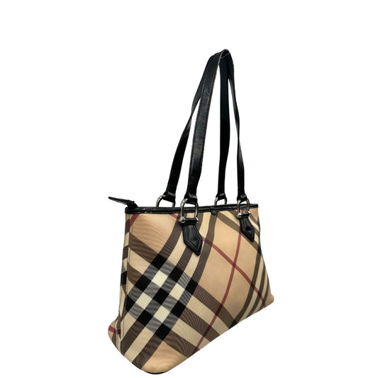 lato Borsa Burberry in canvas trama tartan e finiture in pelle vernis nera, puoi portarla a spalla., di lusso, originale, ottime condizioni, usata-