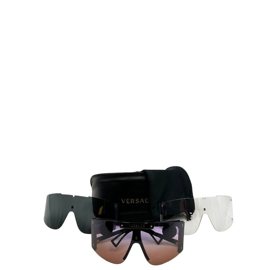 Occhiali da sole Versace strutturati e oversize, muniti di 3 lenti diverse, di lusso, originale, ottime condizioni, usati.