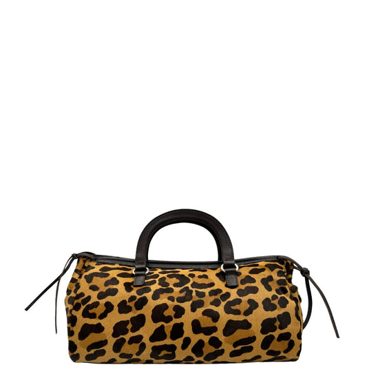 front Borsa Prada in cavallino trama animalier sui toni del marrone, con logo laterale e doppi manici in pelle, di lusso, originale, eccellenti condizioni.