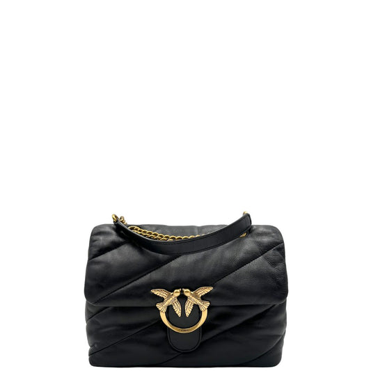 front Borsa Pinko in pelle nera e hardware dorato con impunture chevron, di lusso, originale, ottime condizioni, usata.