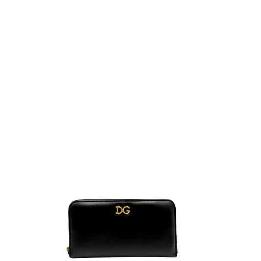 Front di un portafoglio D&G in morbida pelle nera, con logo gioiello sul front, completo di corredo, usato, originale, second hand, in condizioni eccellenti.