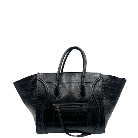 front Borsa Celine Luggage Phantom in pelle nera trama cocco, munita di doppi manici stondati, di lusso, originale, ottime condizioni, usata
