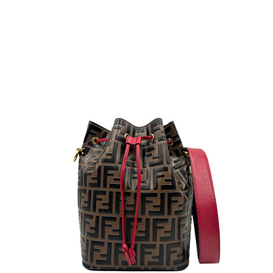 front Bucket Bag Fendi in pelle trama Zucca con finiture rosse, di lusso, originale, ottime condizioni