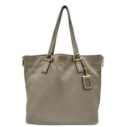 front Borsa Prada in pelle grigia, dotata di doppi manici, dettagli in metallo dorato, di lusso, originale, ottime condizioni, usata