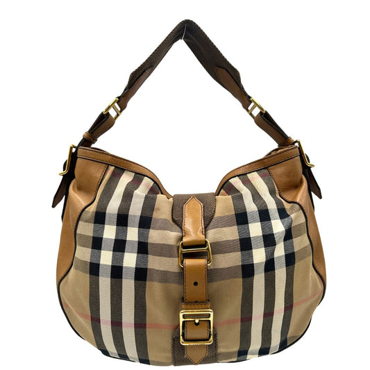 front Capiente shopper Burberry in canvas beige con classica trama tartan e finiture in pelle tono su tono, di lusso, originale, ottime condizioni, usata