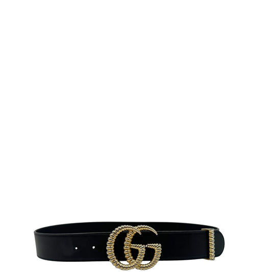 Cintura Gucci in pelle nera con logo GG in metallo dorato. Originale, usata, di lusso, in ottime condizioni.
