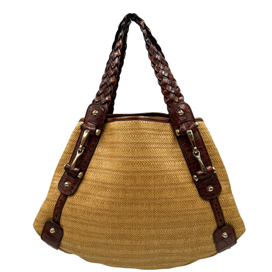 front Borsa Gucci caratterizzata da un corpo in rafia intrecciata, manici in pelle intrecciata e dettagli in metallo dorato, di lusso, originale, ottime condizioni.