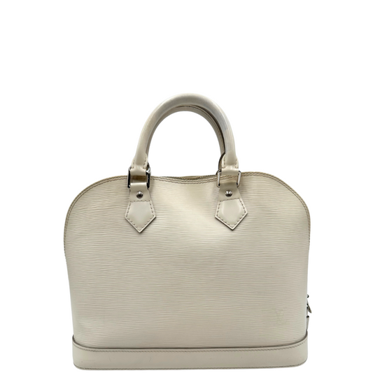 Alma PM Louis Vuitton in pelle epi bianca con parti metalliche argentate; munita di doppi manici stondati.