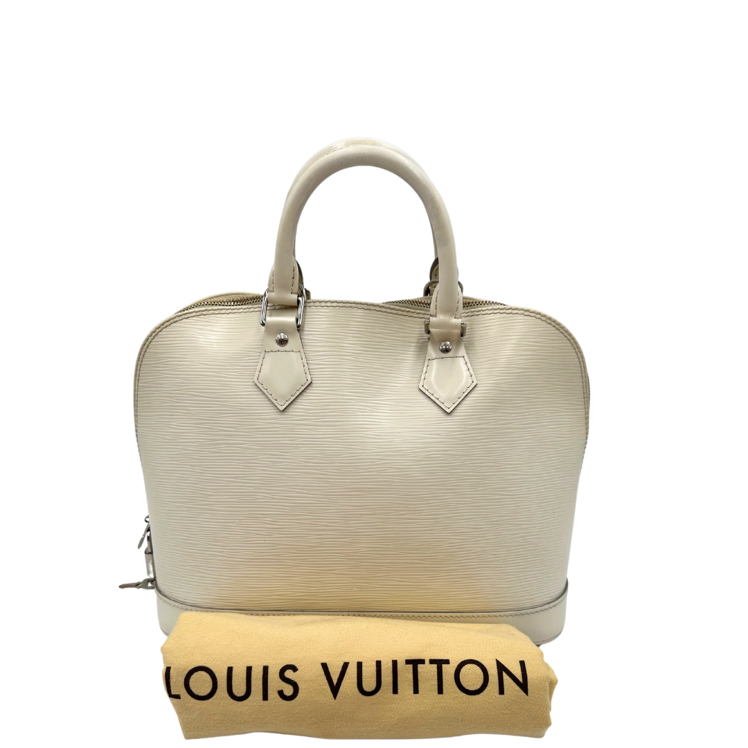 Alma PM Louis Vuitton in pelle epi bianca con parti metalliche argentate; munita di doppi manici stondati.