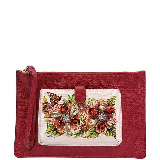Pochette D&G in pelle bordeaux con pietre strass sui fiori rifinita con parti metalliche dorate; munta di polsino, front