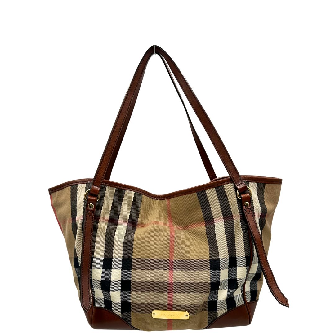 retro Borsa Burberry in tessuto tartan con finiture in pelle marroni con parti metalliche effetto renio; munita di doppi manici, indossabile a spalla, di lusso, originale, ottime condizioni.