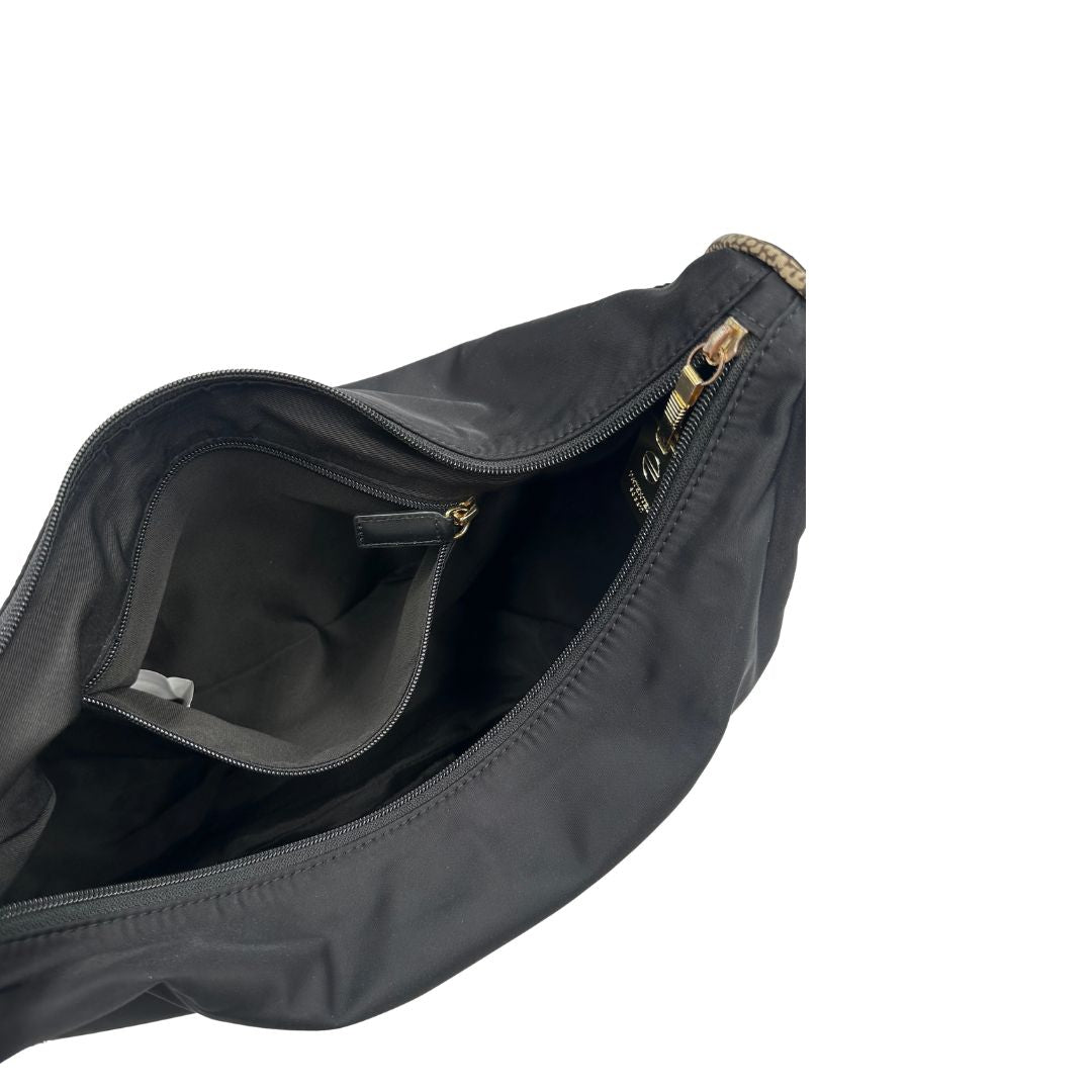 Interno, Borsa Borbonese nera con finiture in pelle tono su tono e profili trama occhio di pernice, di lusso, originale, ottime condizioni, usata