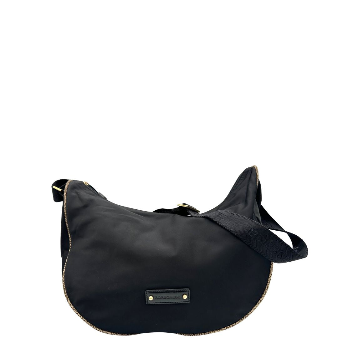Front, Borsa Borbonese nera con finiture in pelle tono su tono e profili trama occhio di pernice, di lusso, originale, ottime condizioni, usata